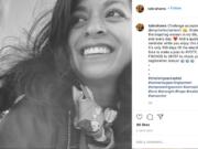 Tara Abrahams&#039; Instagram post with the #challengeaccepted hashtag.