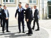 Danish Foreign Minister Jeppe Kofo, centre left, greets US Secretary of State Mike Pompeo, upon his arrival to the Ministry of Foreign Affairs, Eigtveds Pakhus, in Copenhagen, Denmark, Wednesday, July 22, 2020. Pompeo arrived in Denmark on Wednesday for meetings with the country&#039;s leaders that are likely to address the construction of a disputed gas pipeline which Washington opposes.