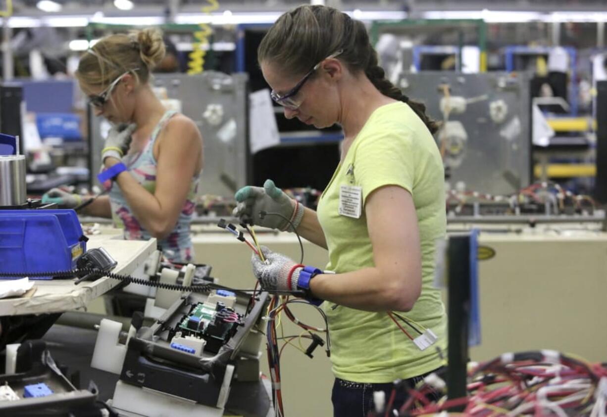 FILE - In this Sept. 20, 2019, file photo, Maurine Carter works on the wiring of a stove in LaFayette, Ga. Orders to American factories for big-ticket goods rebounded last month from a disastrous April as the U.S. economy began to slowly reopen. The Commerce Department said that orders for manufactured goods meant to last at least three years shot up 15.8% in May after plunging 18.1% in April.(Erin O.