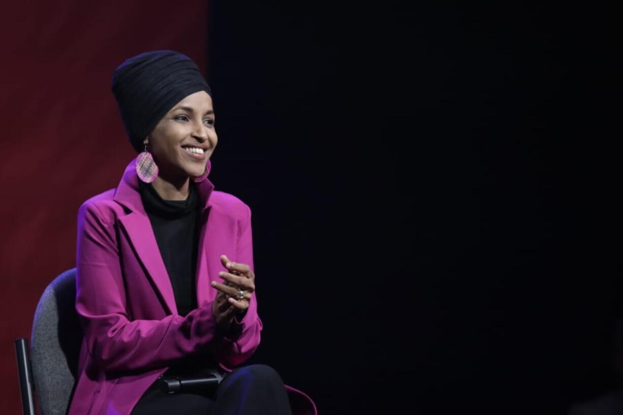 FILE - In this Jan. 31, 2020 file photo, Rep. Ilhan Omar, D-Minn., participates in a panel during a campaign event for Democratic presidential candidate Sen. Bernie Sanders, I-Vt., in Clive, Iowa. Several prominent Muslim American elected officials, including Omar, endorsed Joe Biden for president in a letter organized by Emgage Action ahead of an online summit that starts Monday, July 20 by the advocacy group and features the presumptive Democratic nominee.