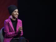 FILE - In this Jan. 31, 2020 file photo, Rep. Ilhan Omar, D-Minn., participates in a panel during a campaign event for Democratic presidential candidate Sen. Bernie Sanders, I-Vt., in Clive, Iowa. Several prominent Muslim American elected officials, including Omar, endorsed Joe Biden for president in a letter organized by Emgage Action ahead of an online summit that starts Monday, July 20 by the advocacy group and features the presumptive Democratic nominee.