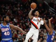 Portland Trail Blazers guard Damian Lillard (0) says he will spend most of his downtime working on recording music while inside the NBA bubble.