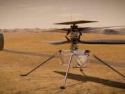 An illustration depicts the Ingenuity Mars Helicopter on the red planet&#039;s surface near the Perseverance rover, left.