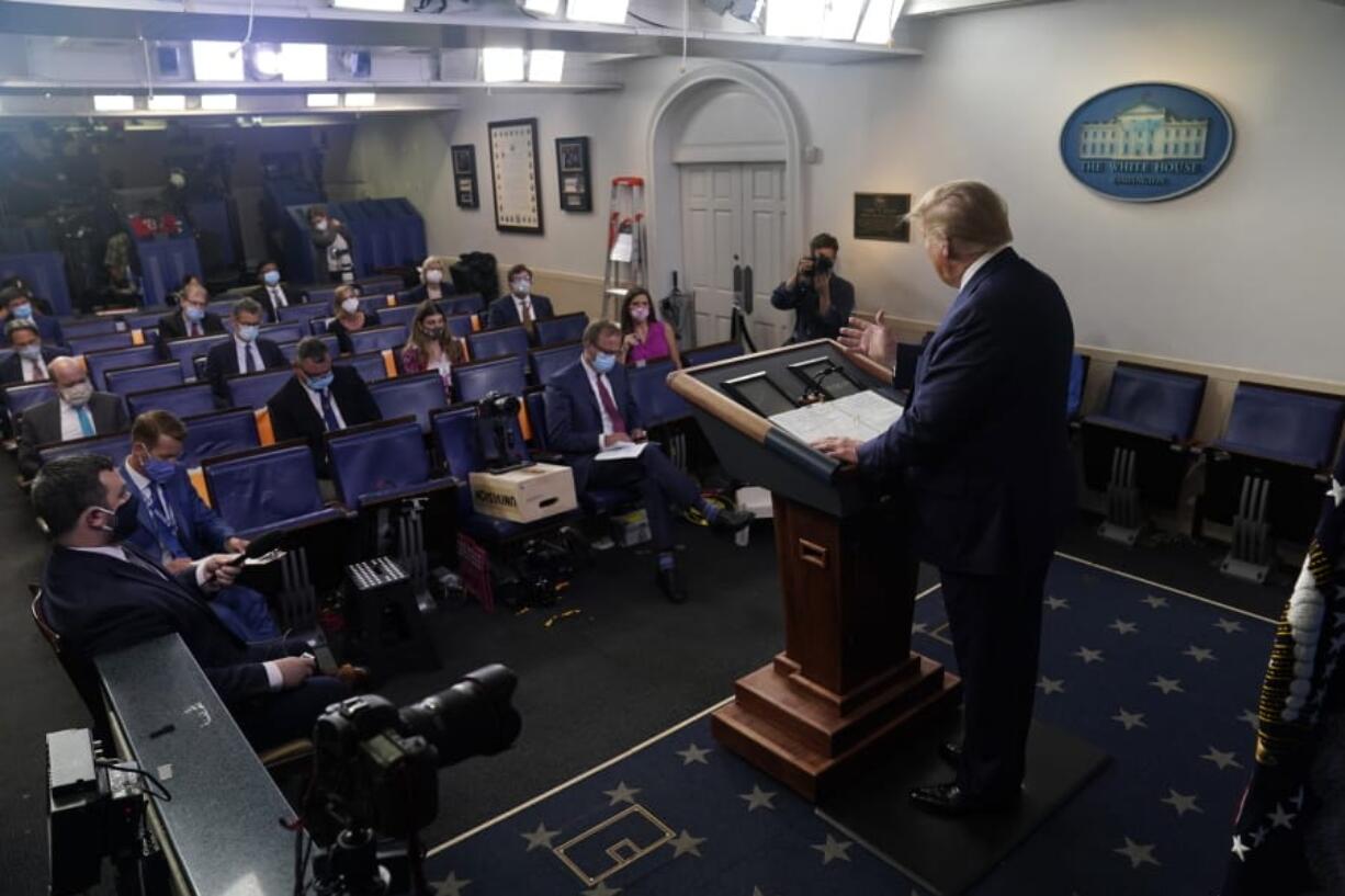 President Donald Trump speaks during a news conference at the White House, Wednesday, July 22, 2020, in Washington.