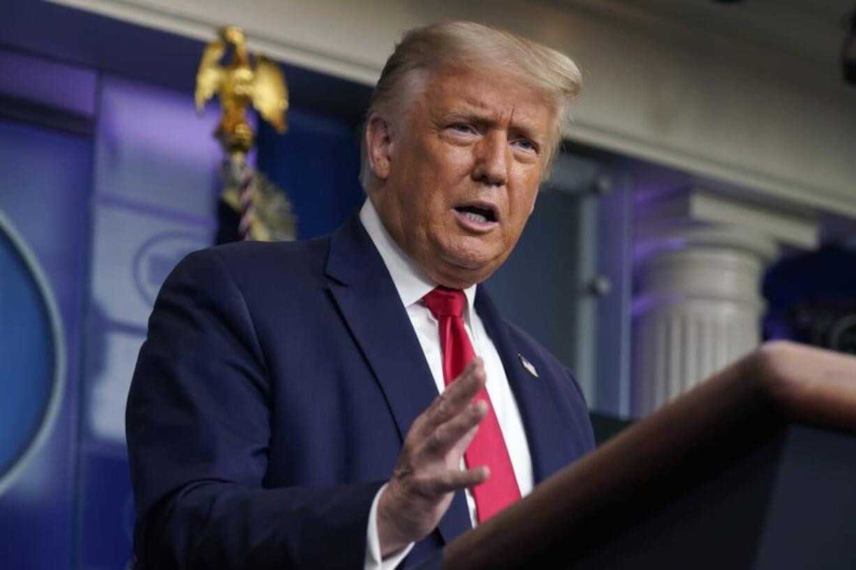 President Donald Trump speaks during a news conference at the White House, Tuesday, July 28, 2020, in Washington.