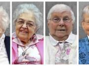 This combination of photos provided by the School Sisters of St. Francis shows Sisters Annelda Holtkamp, Bernadette Kelter, Josephine Seier and Marie June Skender. The nuns, who died from COVID-19 in March and April 2020, had retired years ago. Some moved into the Our Lady of the Angels assisted living facility in Wisconsin, when it opened in 2011. (School Sisters of St.