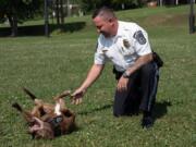 Halo takes a break from policing duties to get some belly rubs from Lt. Mickey Curran.