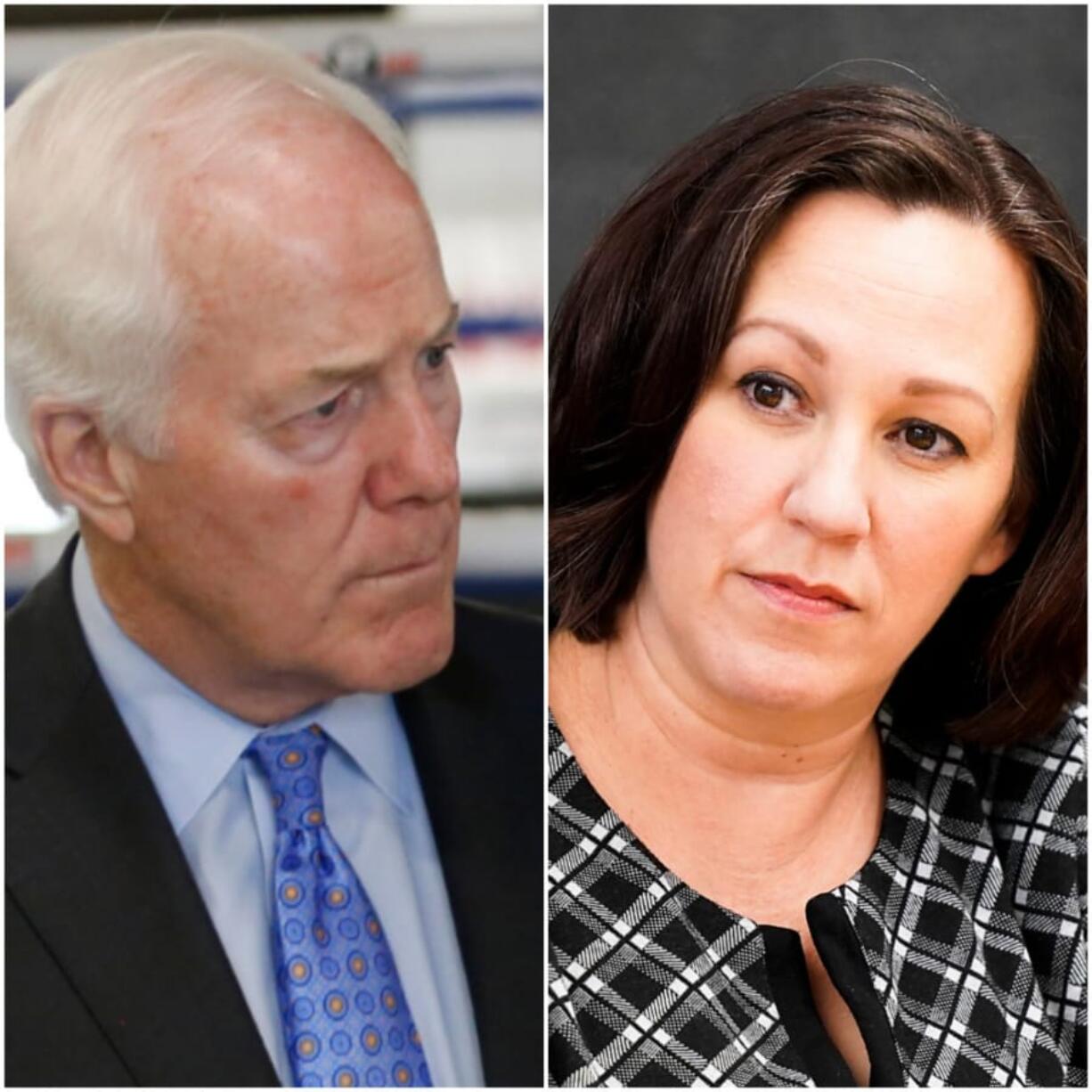 Left: Sen. John Cornyn at a Project Safe Neighborhood announcement Aug. 21, 2019, with Attorney General William Barr at North Lake Highlands Forest Audelia Youth Boxing Gym in Dallas. Right: Democratic Senate candidate MJ Hegar meets with The Dallas Morning News editorial board on Feb. 5, 2020. (Vernon Bryant and Smiley N.