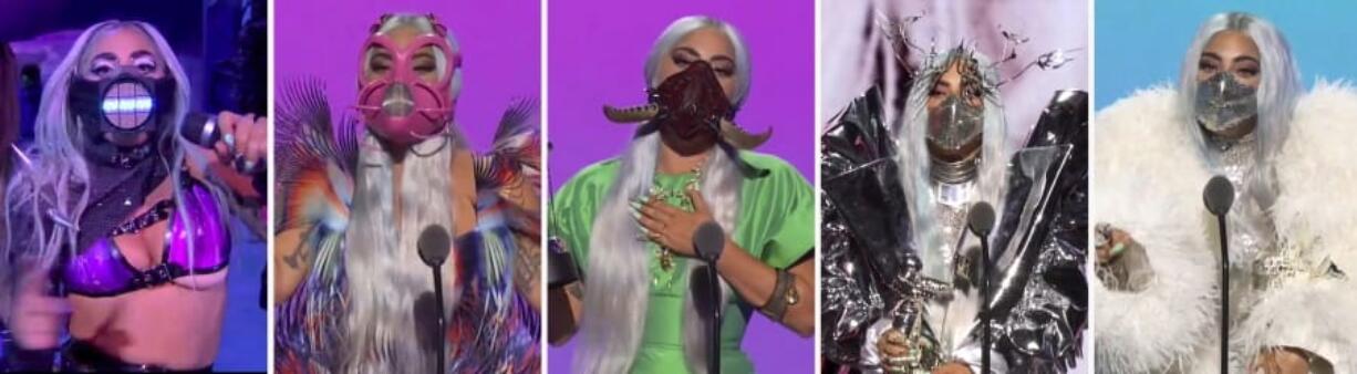 This combination photo of video grabs by MTV, issued Sunday, Aug. 30, 2020, shows Lady Gaga wearing masks during the MTV Video Music Awards.