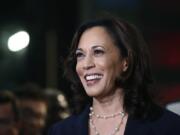 FILE - In this June 27, 2019, file photo, then-Democratic presidential candidate Sen. Kamala Harris, D-Calif., listens to questions after the Democratic primary debate hosted by NBC News at the Adrienne Arsht Center for the Performing Art in Miami.