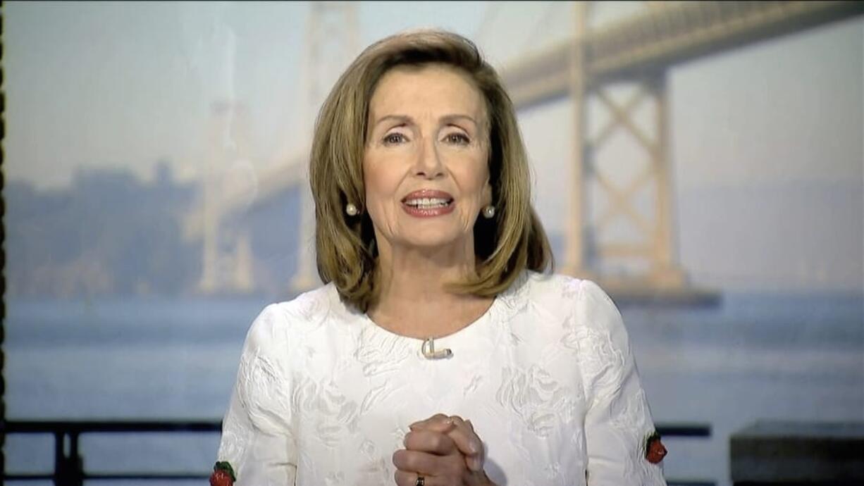 In this image from video, House Speaker Nancy Pelosi of Calif., speaks during the third night of the Democratic National Convention on Wednesday, Aug. 19, 2020.