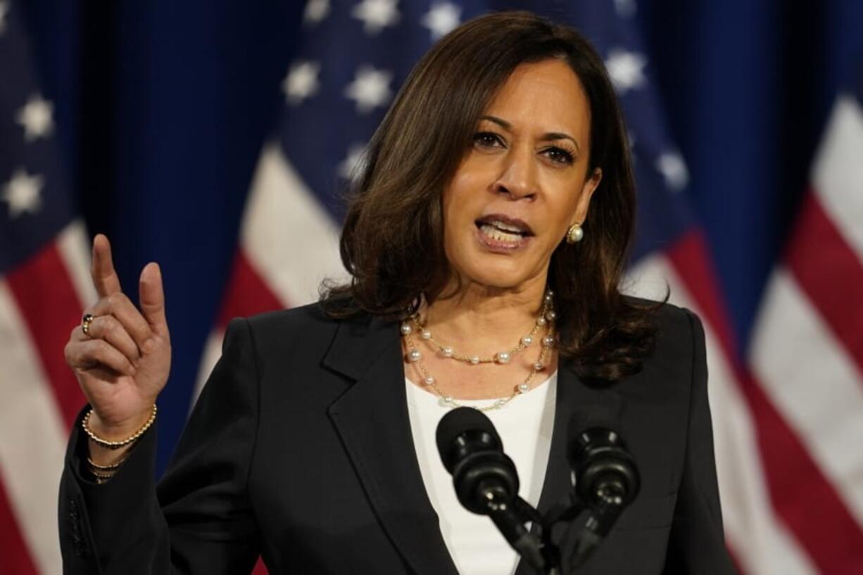 Democratic vice presidential candidate Sen. Kamala Harris, D-Calif., speaks in Washington, Thursday, Aug. 27, 2020.