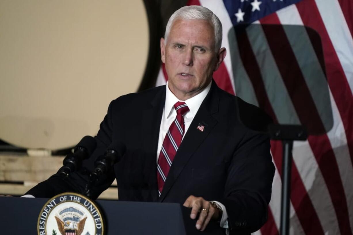 Vice President Mike Pence speaks at the Tankcraft Corporation Wednesday, Aug. 19, 2020, in Darien, Wis.