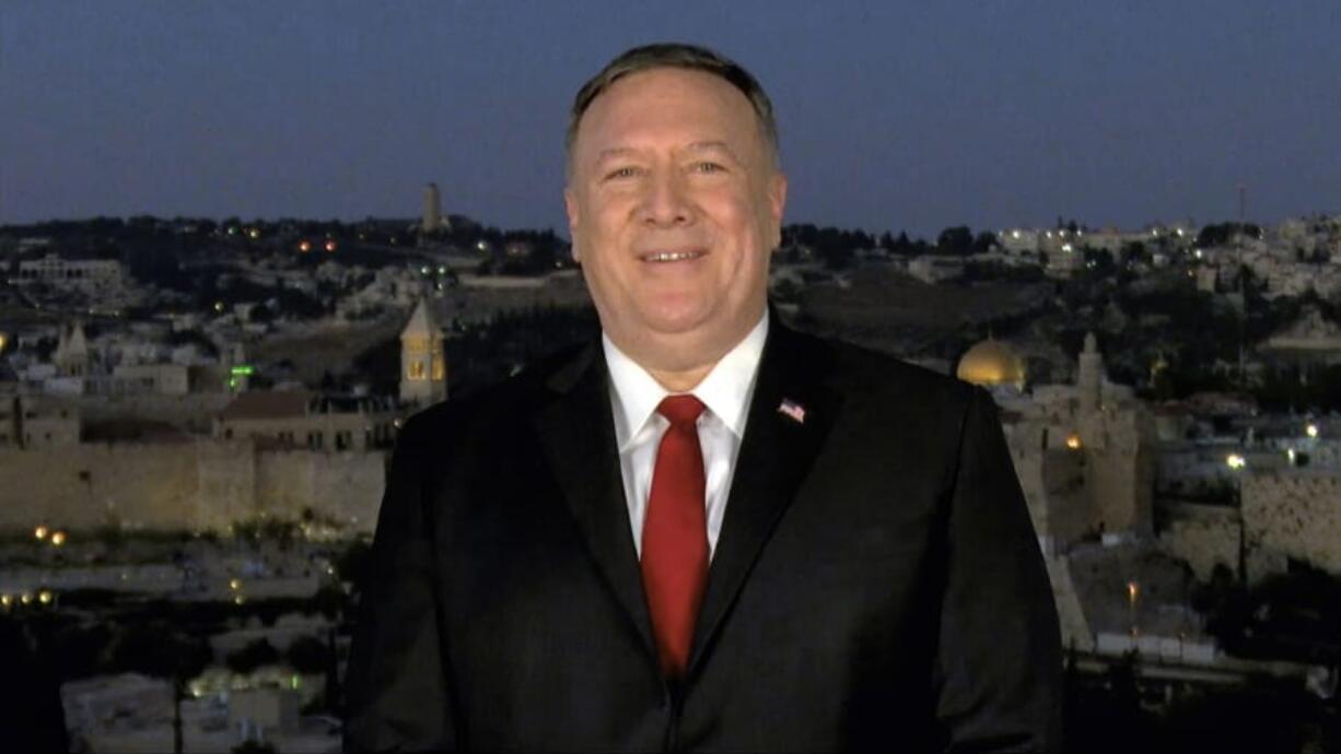 In this image from video, Secretary of State Mike Pompeo speaks from Jerusalem during the second night of the Republican National Convention on Tuesday, Aug. 25, 2020.