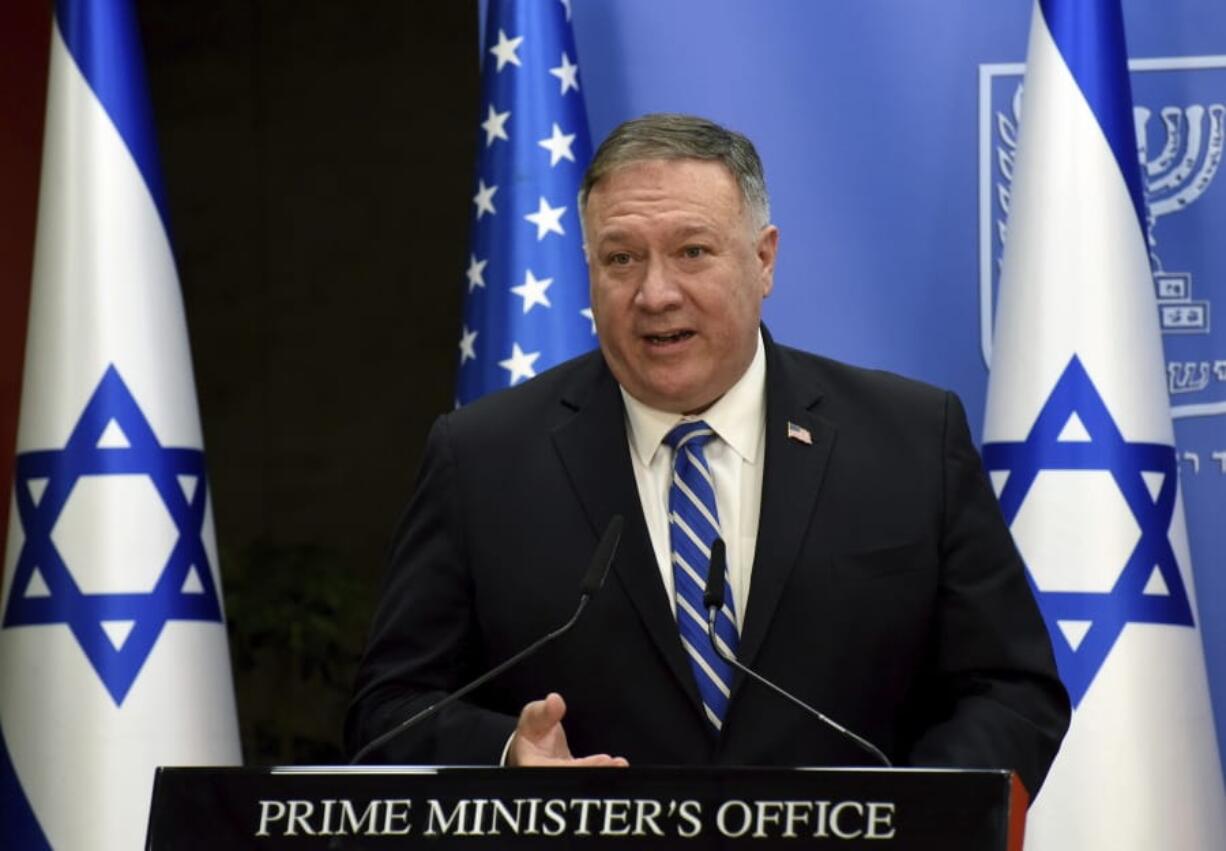 U.S. Secretary of State Mike Pompeo speaks during a joint statement to the press with Israeli Prime Minister Benjamin Netanyahu after their meeting, in Jerusalem, Monday, Aug. 24, 2020.