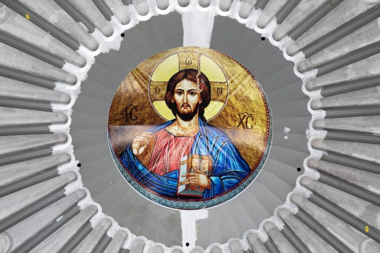 An image of Christ is in place in the ceiling of the St. Nicholas Greek Orthodox Church, Monday, Aug. 3, 2020 at the World Trade Center in New York. The original church was destroyed in the attacks of Sept. 11, 2001. The shrine is expected to open in 2021.