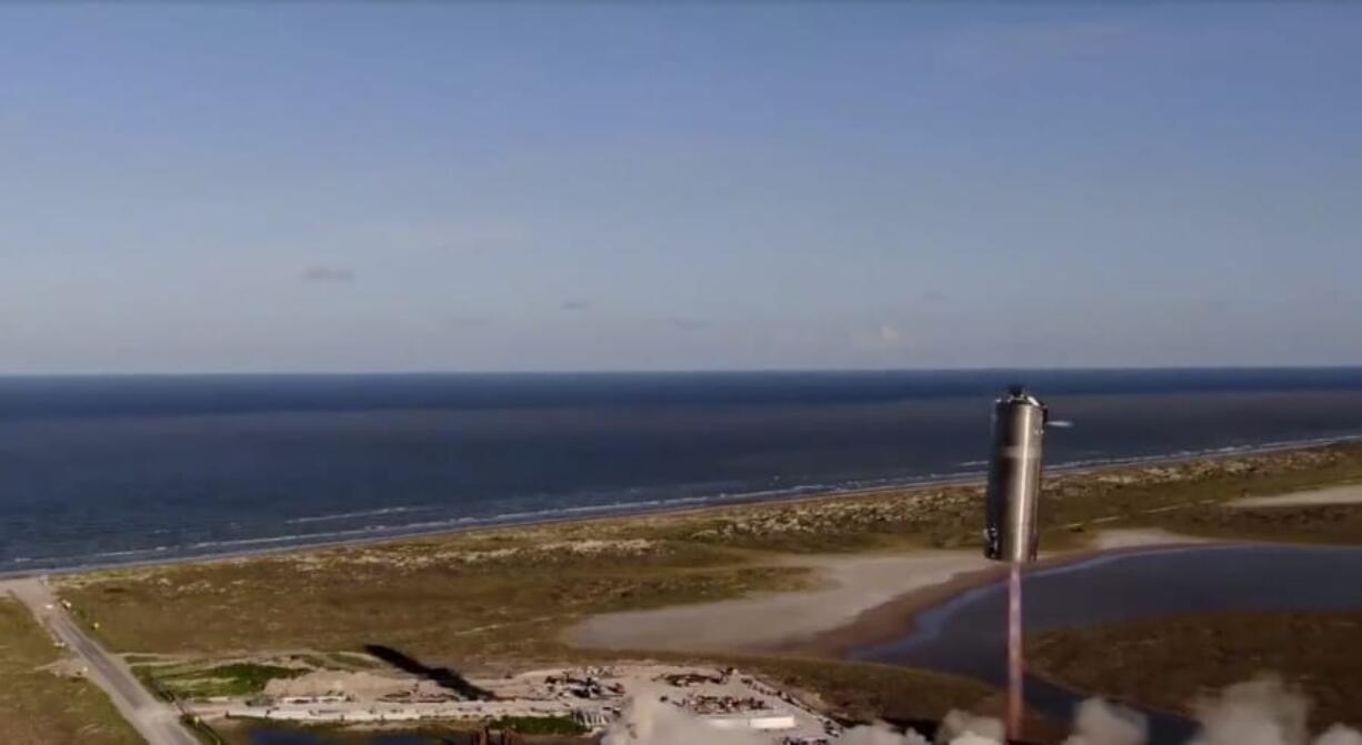 This photo provided by SpaceX shows a prototype of its Mars ship, Starship, is launched on Tuesday, Aug. 5, 2020 in south Texas. Tuesday night&#039;s flight lasted barely 45 seconds, but was an important first for SpaceX&#039;s Starship. SpaceX chief Elon Musk tweeted: &#039;AuMars is looking real.&#039;Au Musk says several more short hops are planned before a test version of Starship aims for a high altitude. The latest prototype is relatively plain: It stands a full-scale 100 feet tall  and resembles a steel silo with a cap on top.