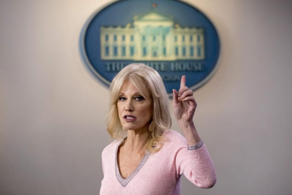 FILE - In this Dec. 5, 2019, file photo, Kellyanne Conway speaks in the Briefing Room at the White House in Washington. Conway, one of President Donald Trump&#039;s most influential and longest serving advisers, announced Sunday, Aug. 23, 2020, that she would be leaving the White House at the end of the month.