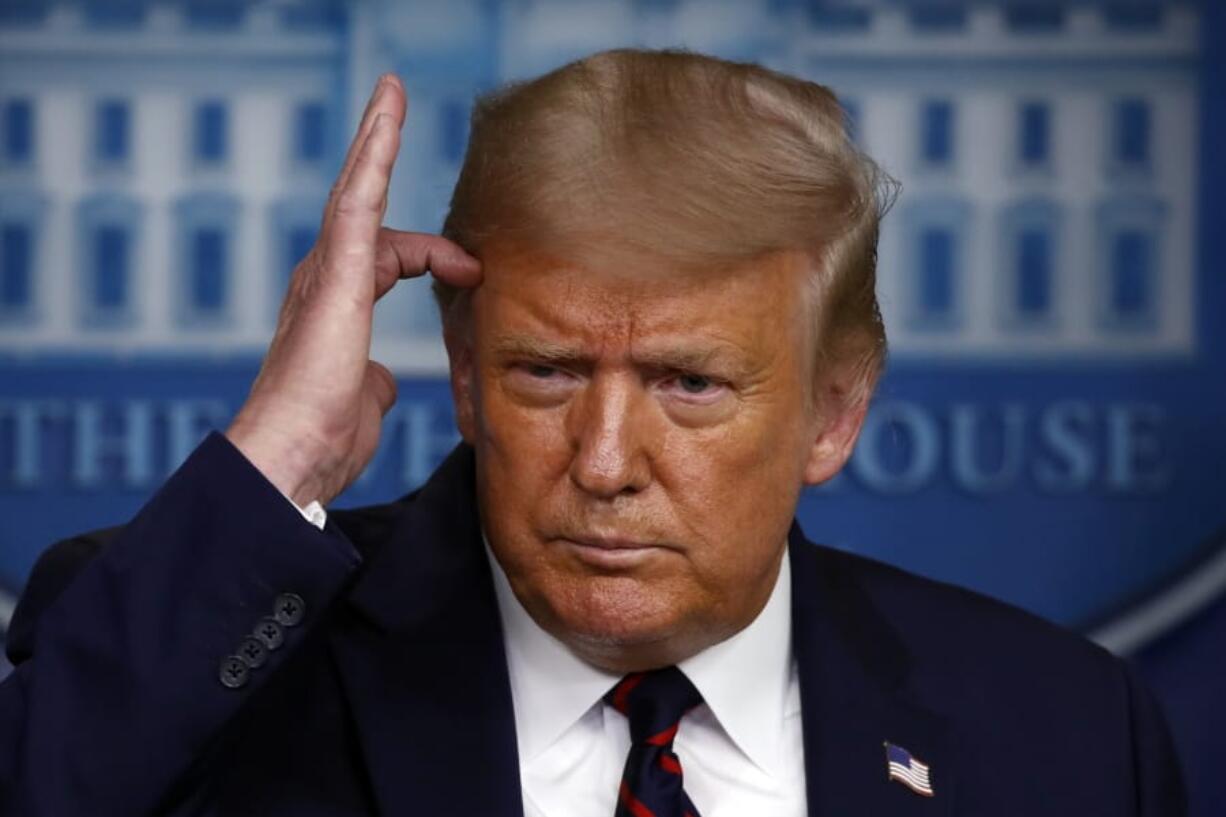 President Donald Trump speaks during a briefing with reporters in the James Brady Press Briefing Room of the White House, Tuesday, Aug.