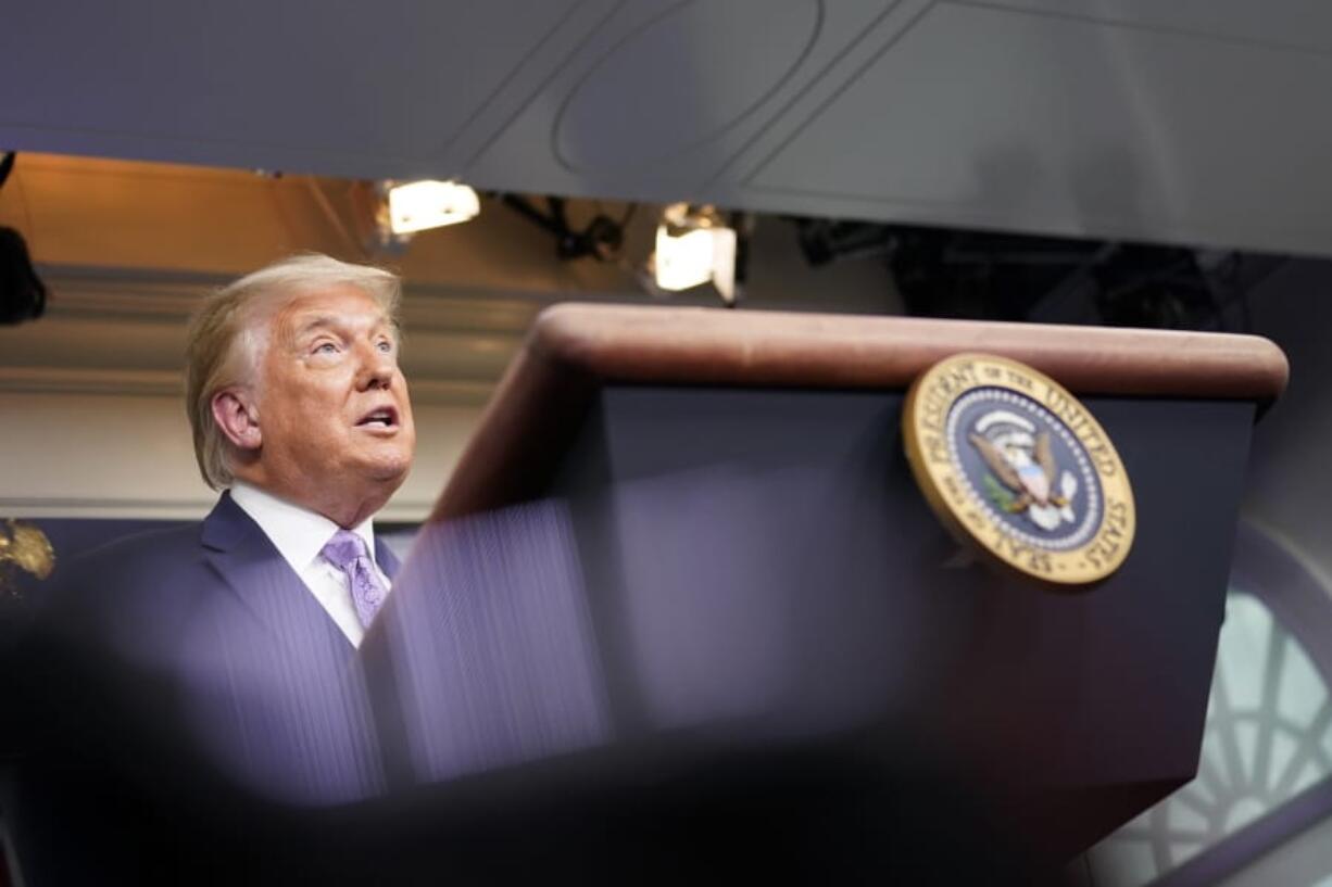 President Donald Trump speaks at a news conference in the James Brady Press Briefing Room at the White House, Thursday, Aug. 13, 2020, in Washington.