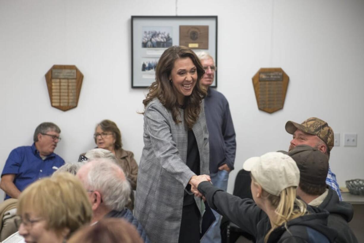 U.S. Rep. Jaime Herrera Beutler, R-Battle Ground, greets audience members before the Goldendale Grange Hall candidate forum on Wednesday night, Oct. 17, 2018.