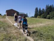 Washington State University Vancouver biology graduate students Samantha Bussan, left, Rebekah Gaxiola and Kelsey King take a shortcut after visiting a campus meadow they intend to replant with native wildflowers.