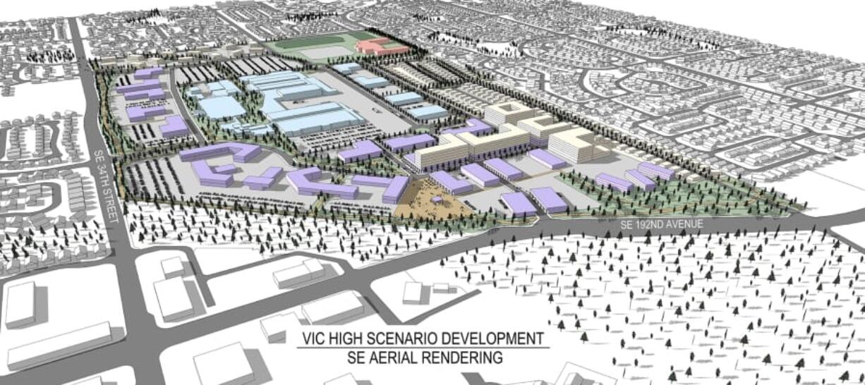 A concept illustration shows how the Vancouver Innovation Center at the former HP campus could be configured, although the final layout will be determined through the master planning process, and individual building designs will come later. The light blue represents the existing office and industrial buildings, with purple representing potential new office or light-industrial spaces and white representing residential buildings. The red building is a potential middle school.
