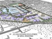 A concept illustration shows how the Vancouver Innovation Center at the former HP campus could be configured, although the final layout will be determined through the master planning process, and individual building designs will come later. The light blue represents the existing office and industrial buildings, with purple representing potential new office or light-industrial spaces and white representing residential buildings. The red building is a potential middle school.