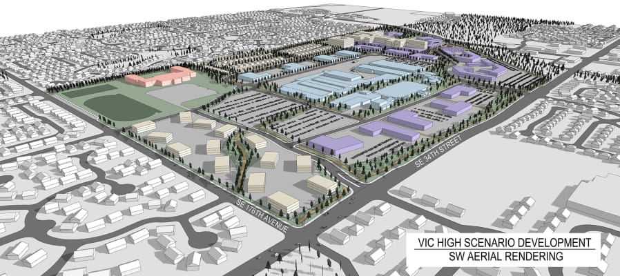 A concept illustration shows how the Vancouver Innovation Center at the former HP campus could be configured, although the final layout will be determined through the master planning process, and individual building designs will come later. The light blue represents the existing office and industrial buildings, with purple representing potential new office or light industrial spaces and white representing residential buildings. The red building is a potential middle school.