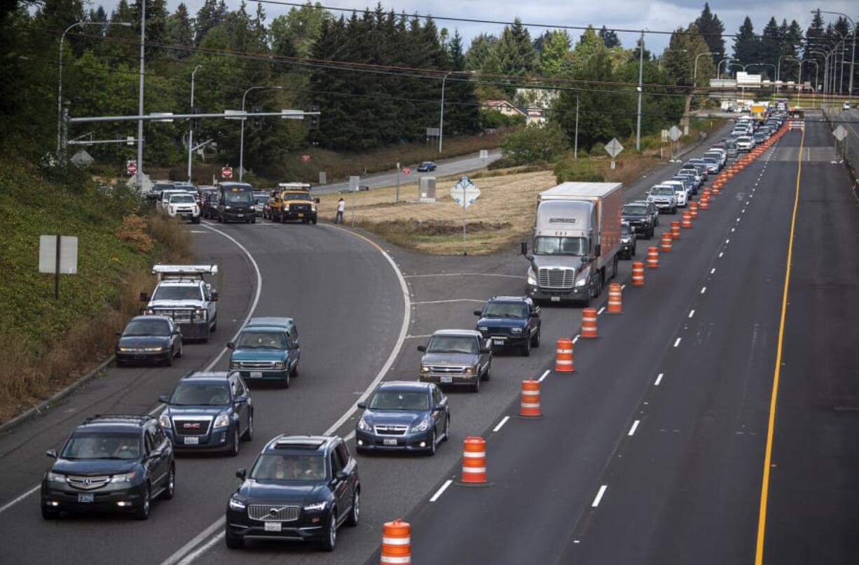 Traffic in Vancouver is diverted into one lane Saturday as the Interstate 5 Bridge trunnion repair project begins. The project was delayed due to wildfires throughout the region.