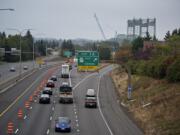 Traffic flows smoothly in the southbound direction of Interstate 5 as motorists near the Interstate Bridge on Monday morning, Sept. 21, 2020.