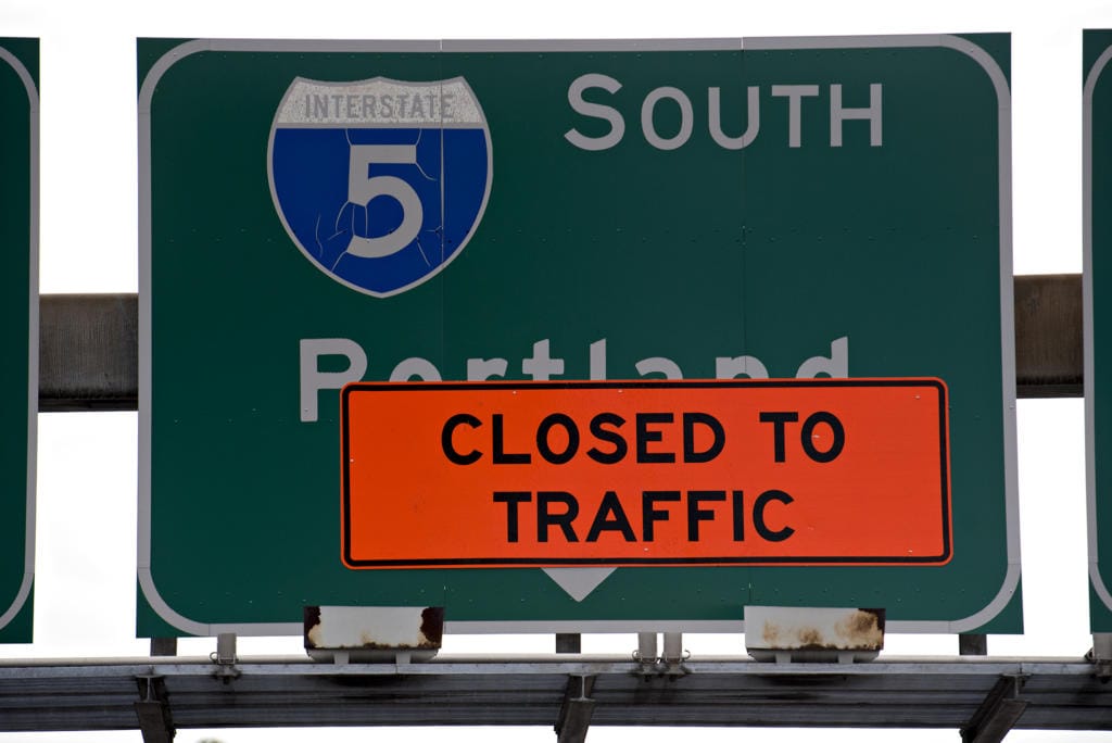 A sign posted along West 5th Street notifies motorists the on-ramp to Interstate 5 southbound is closed Monday morning, Sept. 21, 2020. Traffic was routed around the area and still allowed to continue south towards Portland.