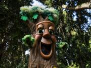 The Friends of Trees Garry Oak mascot films a live Facebook video to kick off Give More 24 at Esther Short Park in Vancouver on Sept. 24, 2020.