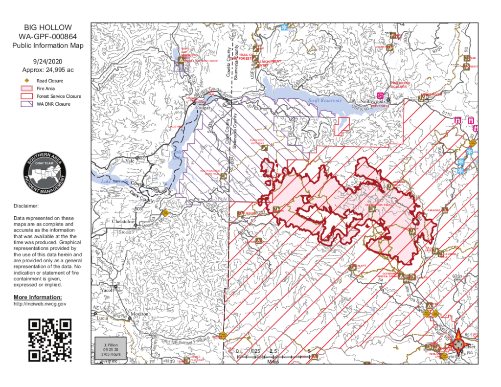 The Big Hollow Fire burning in the Gifford Pinchot National Forest, northwest of Carson and southeast of Cougar, showed minimal growth Wednesday and remained at approximately 24,995 acres.