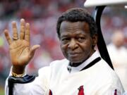 FILE - In this May 17, 2017, file photo, Lou Brock, a member of the St. Louis Cardinals' 1967 World Series championship team, takes part in a ceremony honoring the 50th anniversary of the victory before a baseball game between the Cardinals and the Boston Red Sox in St. Louis. Hall of Famer Brock, one of baseball’s signature leadoff hitters and base stealers who helped the Cardinals win three pennants and two World Series titles in the 1960s, has died. He was 81.