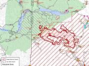 A U.S. Forest Service map shows the latest spread of the Big Hollow Fire.