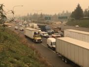 Traffic backs up along Interstate 5 southbound on Friday morning in Vancouver after a fatality involving a pedestrian closed the southbound I-5 bridge.