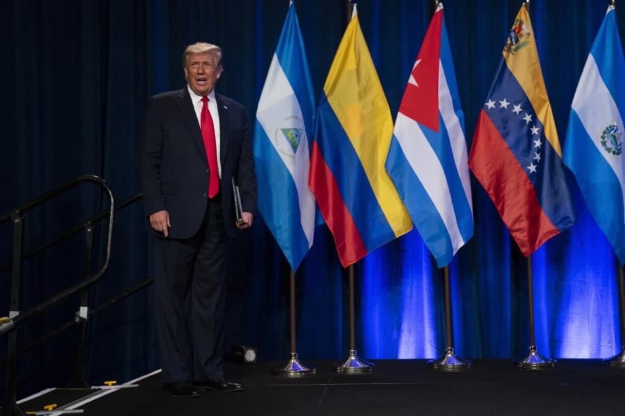 President Donald Trump arrives for a Latinos for Trump event at Trump National Doral Miami resort, Friday, Sept. 25, 2020, in Doral, Fla.