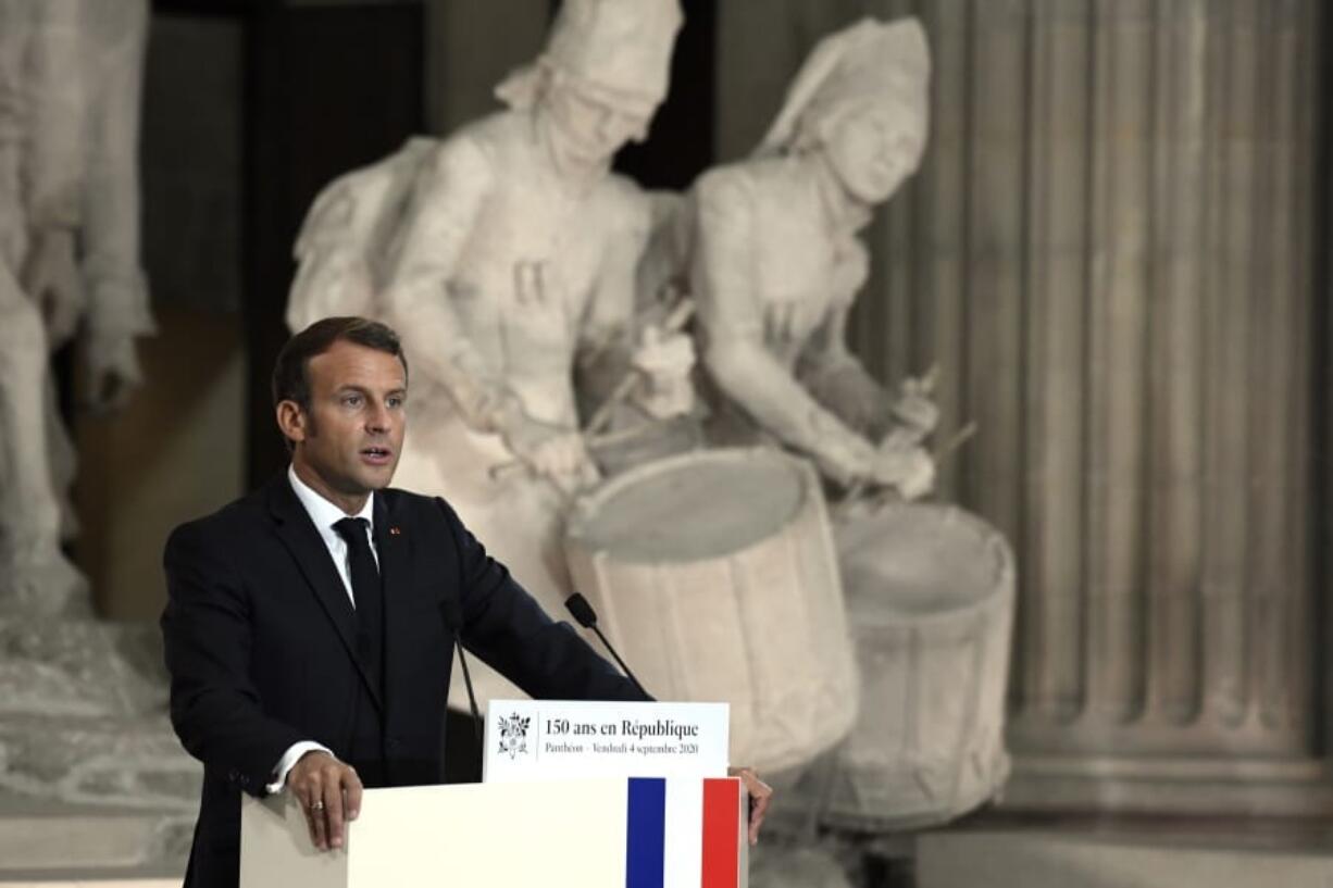 French President Emmanuel Macron speaks during a ceremony to celebrate the 150th anniversary of the proclamation of the Republic, at the Pantheon monument, Friday Sept.4. 2020 in Paris.