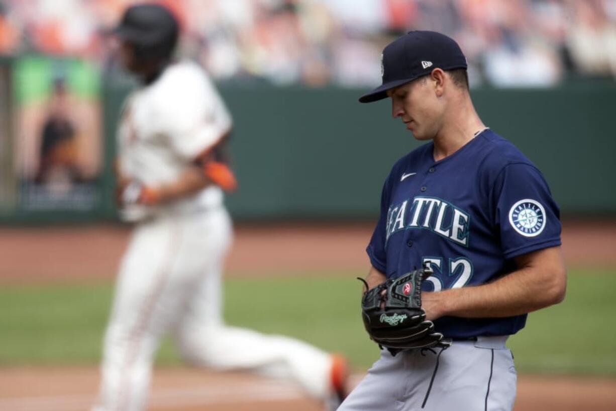 Seattle Mariners starting pitcher Nick Margevicius (52) reacts to yielding a solo home run to San Francisco Giants&#039; Darin Ruf during the second inning of a baseball game, Thursday, Sept. 17, 2020 in San Francisco. (AP Photo/D.