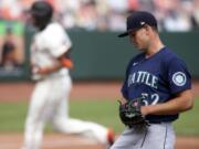 Seattle Mariners starting pitcher Nick Margevicius (52) reacts to yielding a solo home run to San Francisco Giants&#039; Darin Ruf during the second inning of a baseball game, Thursday, Sept. 17, 2020 in San Francisco. (AP Photo/D.