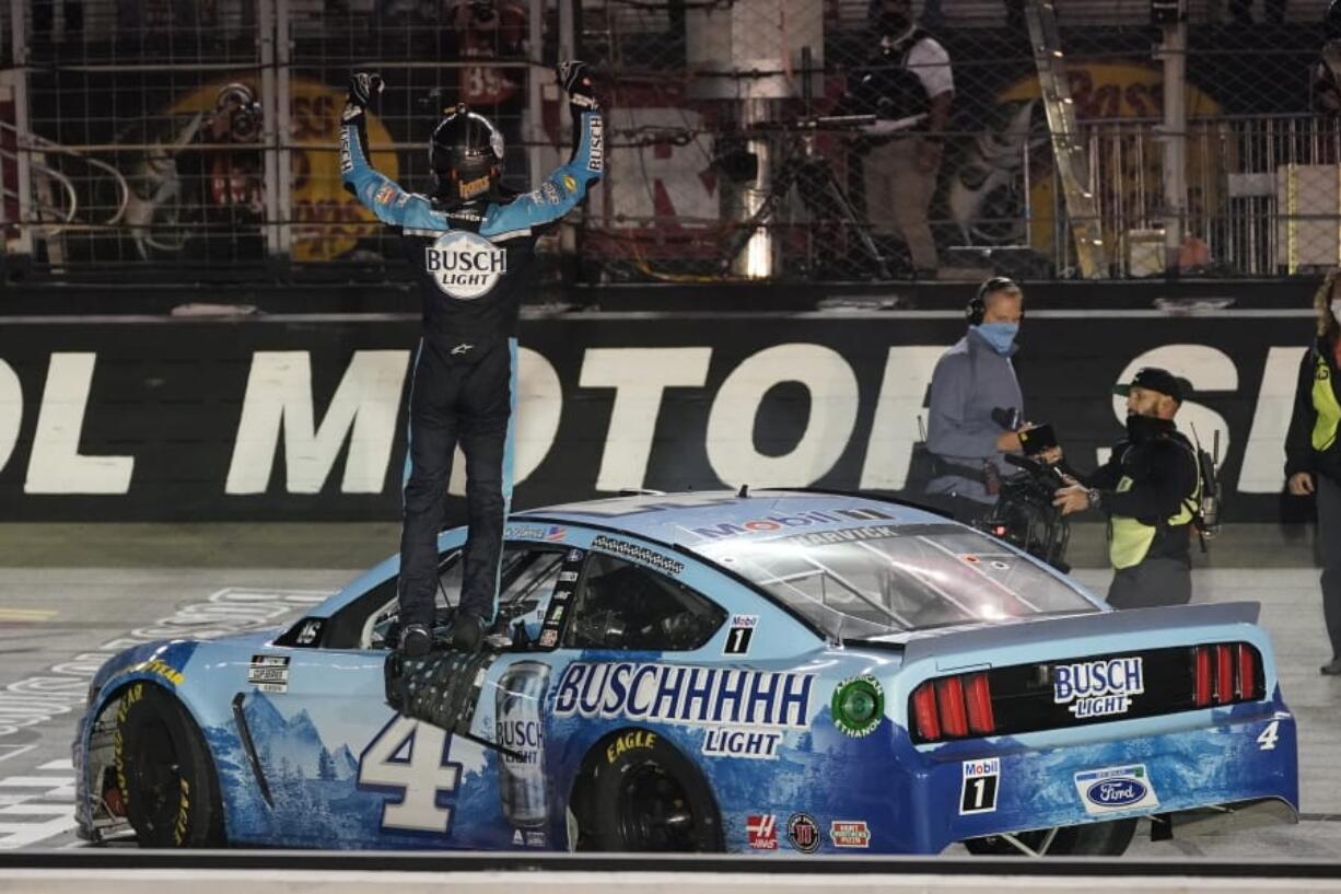 Kevin Harvick celebrates winning the NASCAR Cup Series auto race Saturday, Sept. 19, 2020, in Bristol, Tenn.