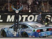 Kevin Harvick celebrates winning the NASCAR Cup Series auto race Saturday, Sept. 19, 2020, in Bristol, Tenn.