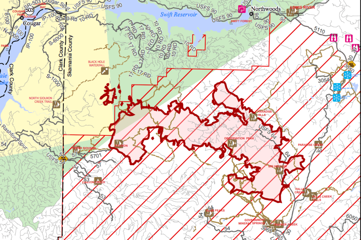 The Big Hollow Fire in the Gifford Pinchot National Forest had grown to more than 18,000 acres on Sunday.