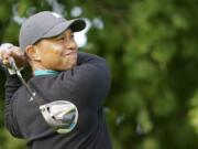 Tiger Woods watches his shot off the 12th tee during practice before the U.S. Open Championship golf tournament at Winged Foot Golf Club, Tuesday, Sept. 15, 2020, in Mamaroneck, N.Y.