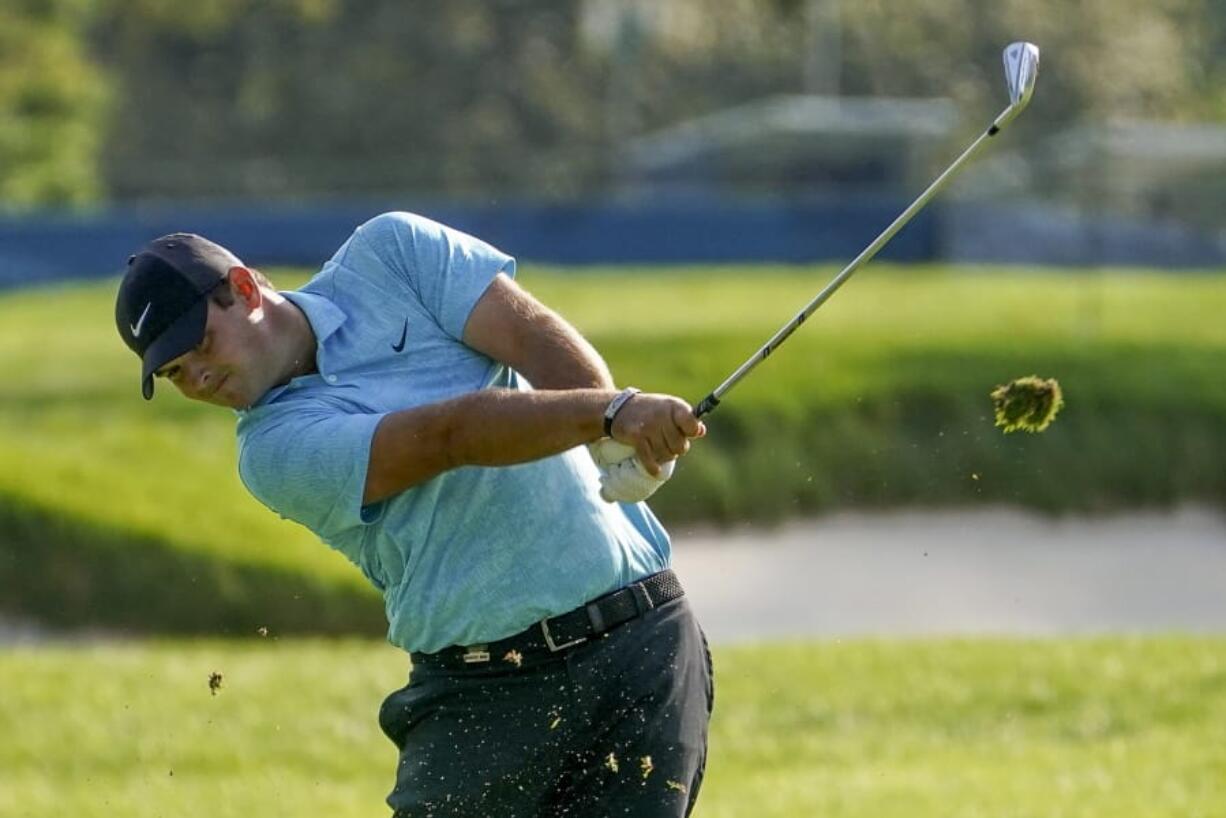 Patrick Reed, of the United States, plays a shot off the second fairway during the second round of the US Open Golf Championship, Friday, Sept. 18, 2020, in Mamaroneck, N.Y.