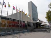 Metal barricades line the the shuttered main entrance to the United Nations headquarters, Friday, Sept. 18, 2020, in New York.  With the COVID-19 pandemic still circling the globe, world leaders are skipping their annual gathering in New York and will make pre-recorded speeches this week on the state of a deeply divided world turned topsy-turvy.