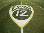 The Pac-12 logo at Autzen Stadium in Eugene, Ore.