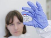 In this handout photo taken on Thursday, Aug. 6, 2020, and provided by Russian Direct Investment Fund, an employee shows a new vaccine at the Nikolai Gamaleya National Center of Epidemiology and Microbiology in Moscow, Russia.