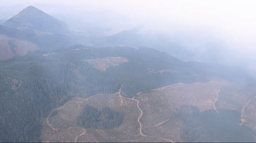 A view from a KPTV helicopter shows smoke intruding into the Chelatchie area of north Clark County on Thursday from the Big Hollow Fire in the Gifford Pinchot National Forest. Tumtum Mountain can be seen at left.